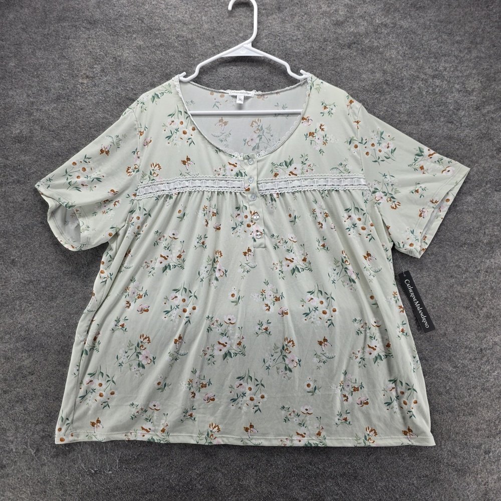 Catherine Malandrino T-Shirt Womens 3X Green Floral Jersey Scoop Neck Top